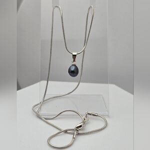 Freshwater Black Dark Real Pearl Necklace 18” Silver Plated Snake Chain NWOT